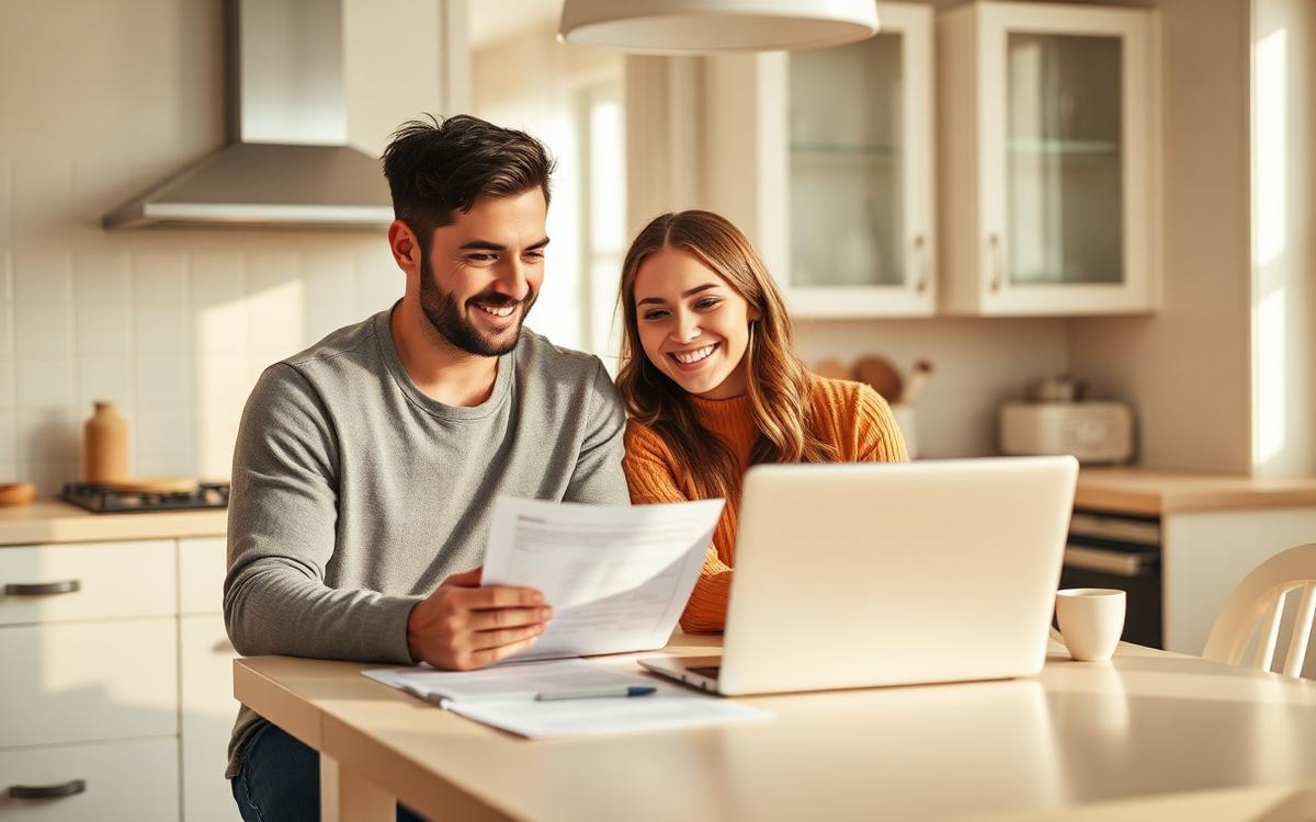 Couple planifiant sa mise de fonds avec le CELIAPP à la table de cuisine