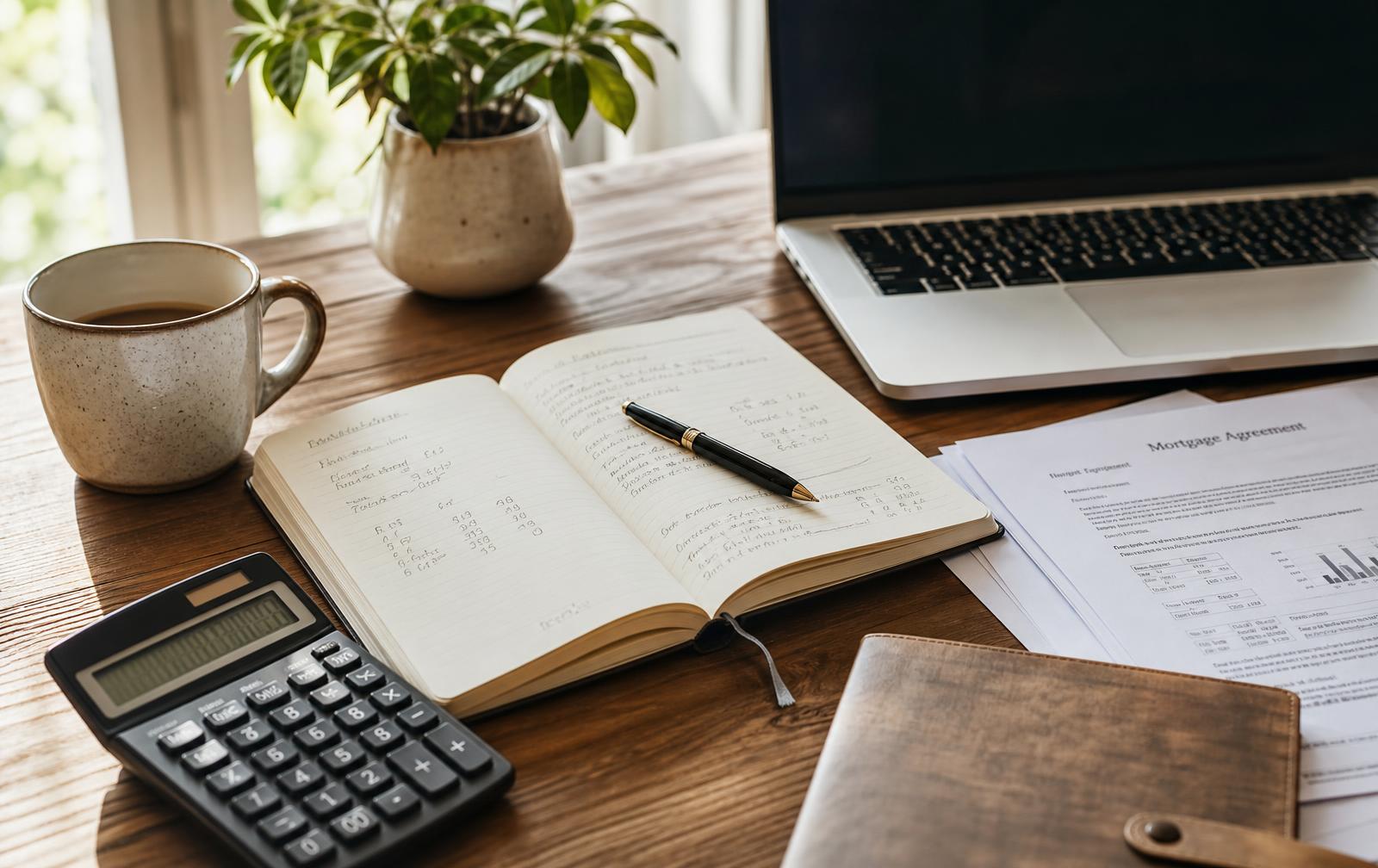 Wooden desk with calculator, notebook, coffee and mortgage documents