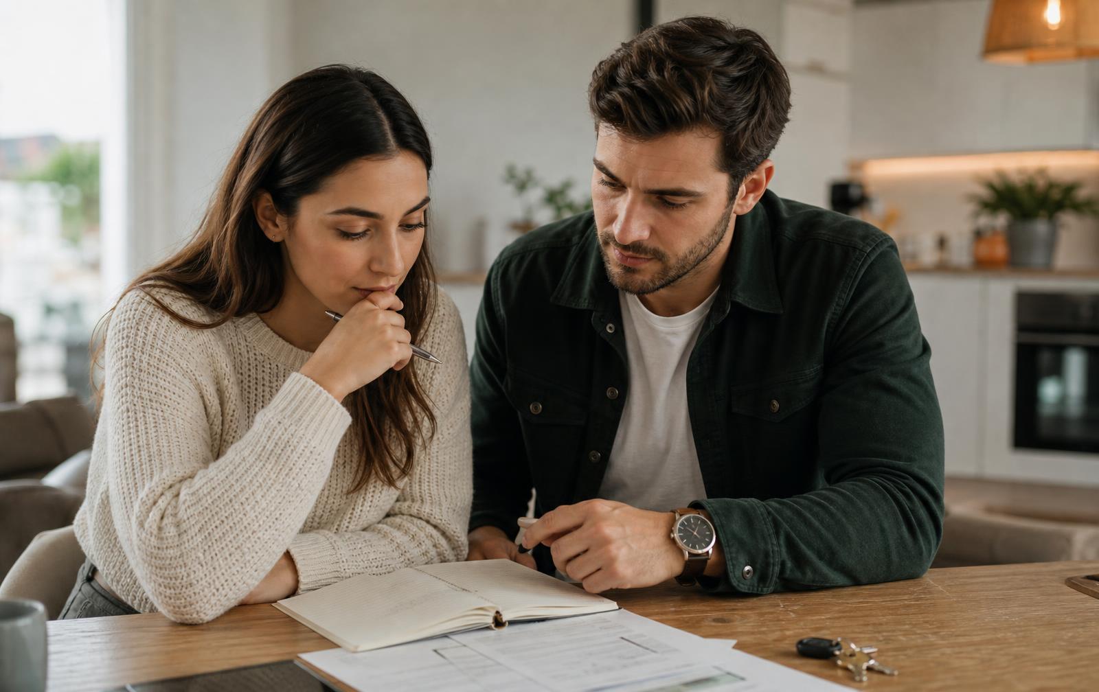 Young couple planning their first home purchase with documents and keys