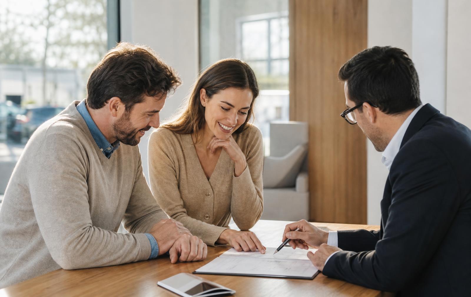 Couple meeting a mortgage professional to review financing documents