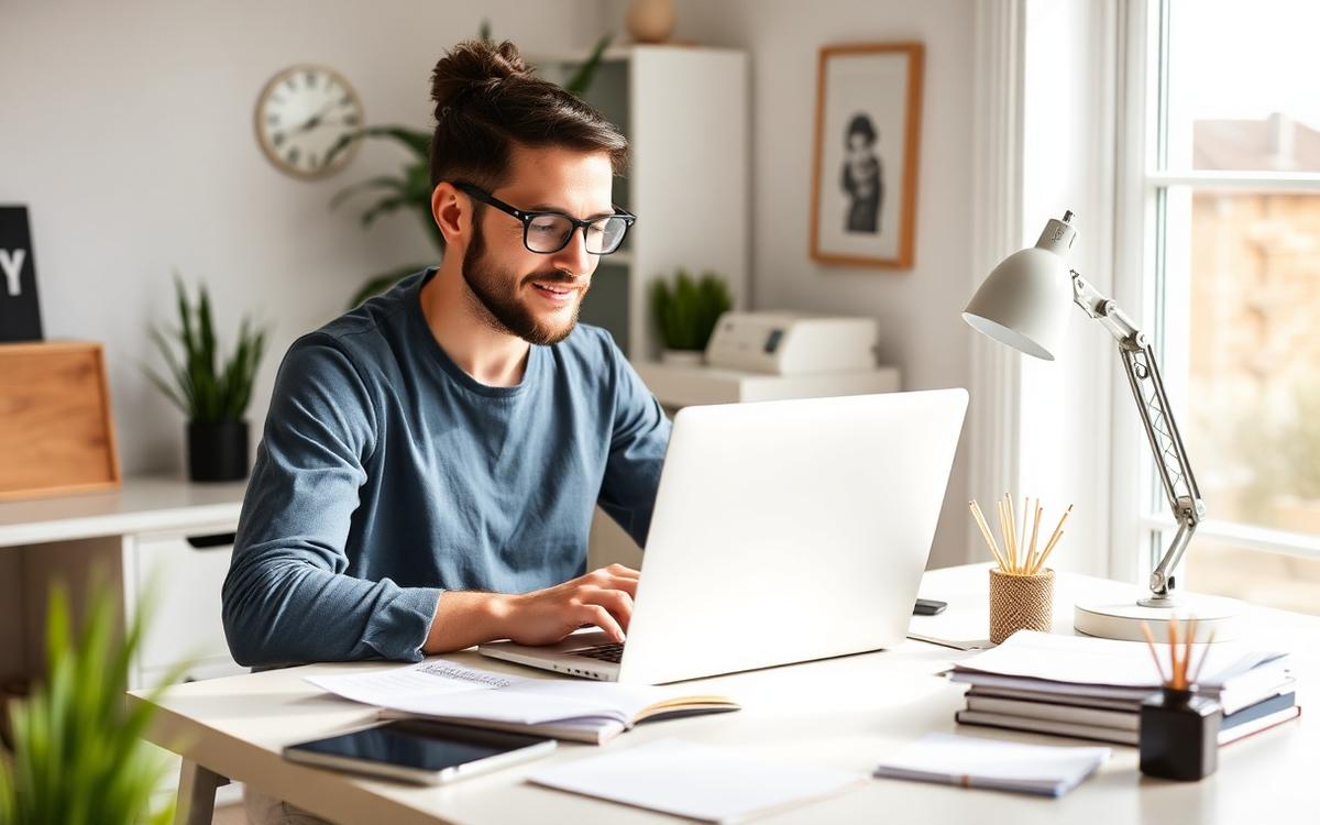 Travailleur autonome préparant son dossier hypothécaire dans son bureau à domicile